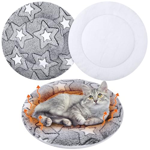 2 Pack Self Heating Cat Pad Self Heating Cat Bed Machine Washable Heat Pet Mat Reversible Body Thermal Warm Round Dog Bed Crate Blanket for Feral and Indoor Cats (16'' / Double Star)