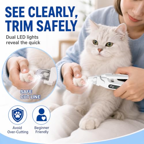 2-in-1 Dog Cat Nail Clippers & Grinder with LED Light, Pet Nail Trimmer with Splash Guard & Safety Lock, 2 Speeds USB Rechargeable Quiet Paw Nail Cutter for Large Medium Small Dogs Cats (White) (White)