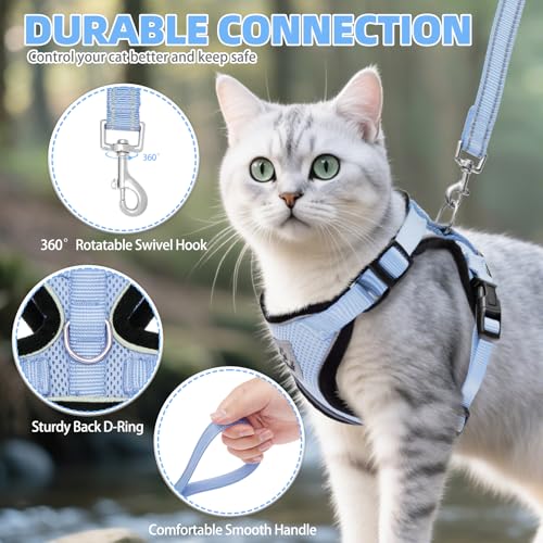 Cat Harness and Leash Set Escape Proof Reflective Cat Walking Harness Adjustable Soft Breathable Mesh Vest for Small Pets (S (NECK 9.5"-11", CHEST 13"-16") / Sky Blue)