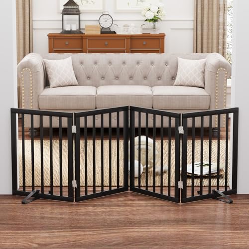 Black 37 74" Dog Gate Foldable Dog Gates for Doorways Stairs House Freestanding Pet Gate Puppy Barries 24 inches Tall (Bamboo Dog Gate Black / 4 Panel - 74 inches Wide)