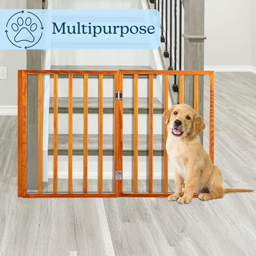 Pet Gate - 3-Panel Indoor Foldable Dog Fence for Stairs or Doorways - 54x24-Inch Retractable Wood Freestanding Dog Gates by PETMAKER (Mahogany) (Mahogany / 3 Panel)