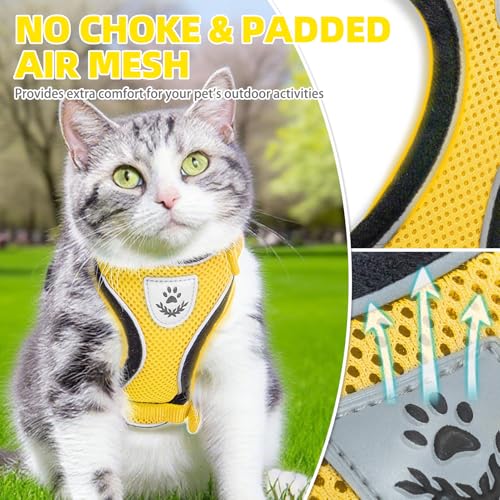 Cat Harness and Leash Set Escape Proof Reflective Cat Walking Harness Adjustable Soft Breathable Mesh Vest for Small Pets (S (NECK 9.5"-11", CHEST 13"-16") / Yellow)