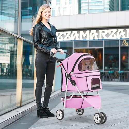 3 Wheels Pet Dog Stroller Cat Cage Jogger Stroller Cats Travel Folding Carrier Waterproof with Cup Holder & Removable Liner (Pink / 3 Wheels)