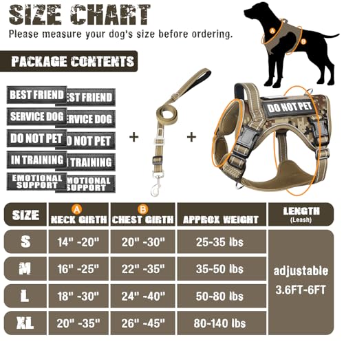 Tactical Service Dog Vest and Leash Set with 10 Patches Camo S (Small / Desert Camo)