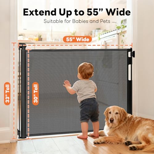 2 Pack) Retractable Baby Gates for Doorways, 55" Wide Mesh Dog Gate (Black / 33'' Tall X 55'' Wide (2 Pack))