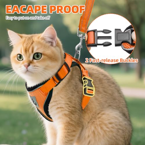 Cat Harness and Leash Set Escape Proof Reflective Cat Walking Harness Adjustable Soft Breathable Mesh Vest for Small Pets (S (NECK 9.5"-11", CHEST 13"-16") / Orange)