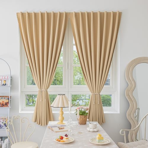 Magic Tape Stick on Curtains Blackout Curtains for Bedroom no Drillng Self Adhesive Curtain no Rod Small Window (Beige / 59"W x 59"L (Pack of 2))