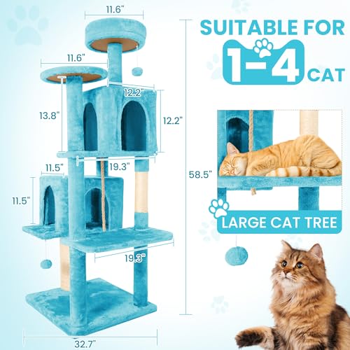 58.5inch Large Cat Tree Tower Condo for Indoor Cats (58.5in / Peacock blue)