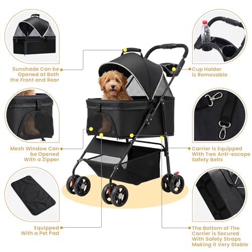 3-in-1 Pet Stroller for Small/Medium Dogs Cats,4 Wheels,Detachable Carrier Basket,Breathable Mesh,Storage Basket,Cup Holder,Weather Cover,Black (Black)