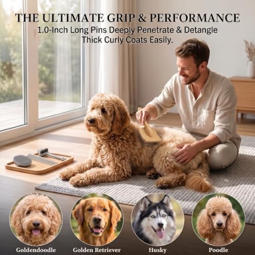Slicker Brush for Dogs Grooming Kit with Cleaning Rake Tool 4PCS (Naturally)