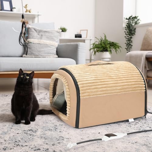 Smart Heated Cat Bed Cave Pet House for Indoor Cats & Small Dogs (Brown)