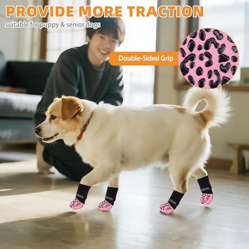Anti Slip Dog Socks to Prevent Licking Paws (Pink Reflective / Large (4 Pack))