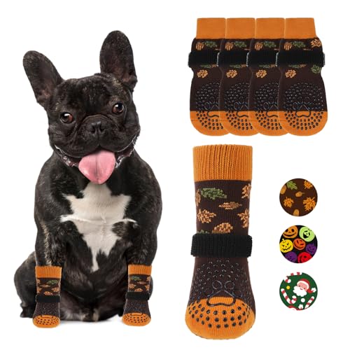 Fall Anti Slip Dog Socks for Hot (Autumn Leaf Brown / Small/Medium (4 Pack))
