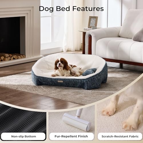 Dog Bed for Medium Sized Dog (Leather-Blue-Light Gray / 36"L x 25.5"W x 12.6"Th)