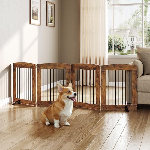Indoor Dog Gate with Support Feet (Rustic Brown / 【4 Panels】80.3"L x 24"H)