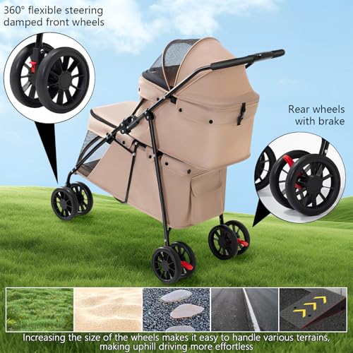 Double Pet Stroller for Medium Small Dogs and Cats Easy (Brown)