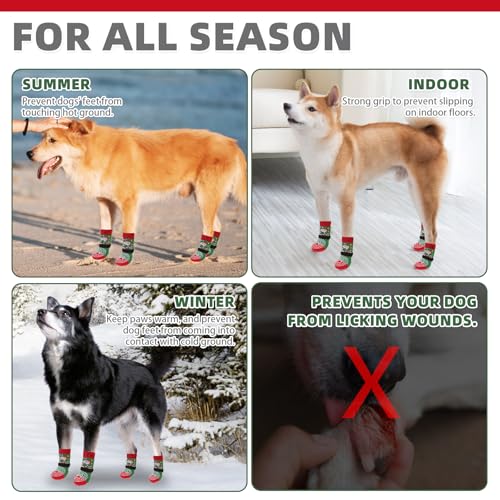 Anti Slip Dog Socks for Hot (Christmas Green / Small/Medium (4 Pack))