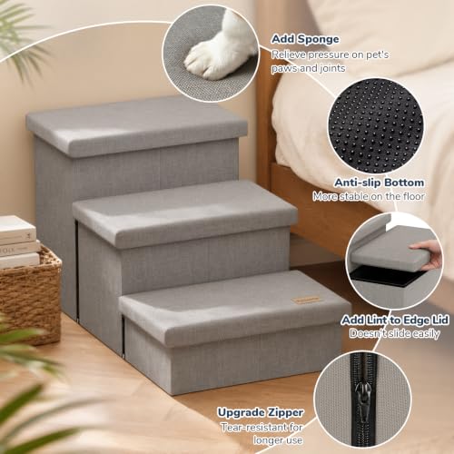3 Step Dog Stairs for Large Dogs with Storage 18" H (Light Grey / 30"D x 17"W x 17.7"H)