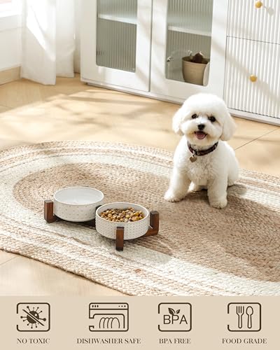 Dog Bowl Set Ceramic Bowls with Walnut Wood Stand (Rhombic+Polka Dots / 2 Cups)