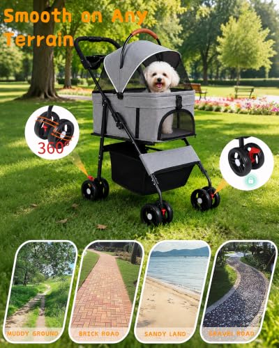 Pet Stroller 3 in1 Foldable Dog Cat Stroller with Detachable Carrier (GRAY)