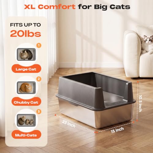 XL Stainless Steel Cat Litter Box with Lid and Scoop (Gray)
