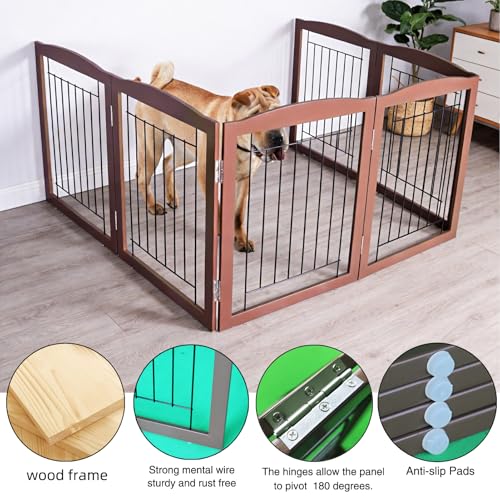 Freestanding Foldable Dog Gate for House Extra Wide Wooden Brown Puppy Gate Stairs Dog Gates Doorways Tall Pet Gate 32 "Height 6 Panels Pet Fence (Brown / 【6 Panels】120''w x 32''h)