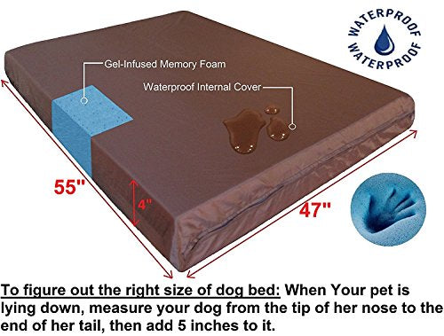 Orthopedic Waterproof Heavy Duty Gel Memory Foam Dog Bed for Large pet (JUMBO 55" Length X 47" Width / Denim in Brown)
