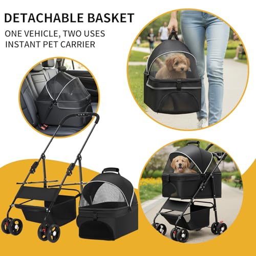 3-in-1 Pet Stroller for Small/Medium Dogs Cats,4 Wheels,Detachable Carrier Basket,Breathable Mesh,Storage Basket,Cup Holder,Weather Cover,Black (Black)