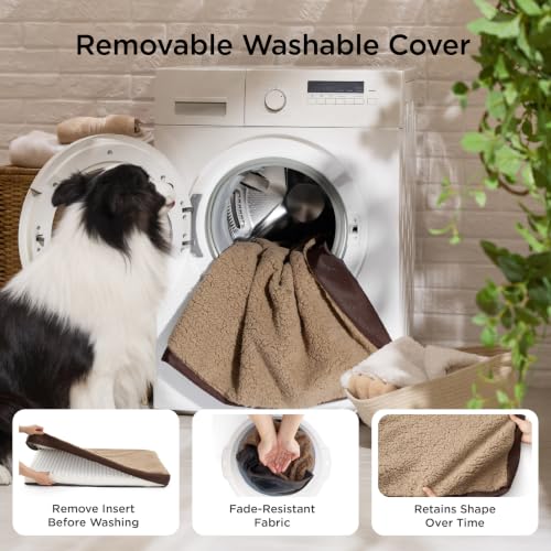 Washable Dog Crate Bed for Large Size with Comfy Sherpa (35"L x 22"W x 3"Th / Brown)
