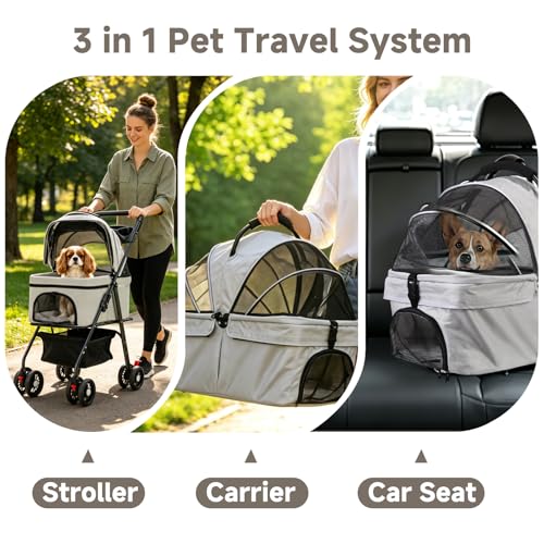 Pet Stroller for Small Dogs and Cats with 4 Wheels (Grey)