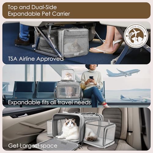 Top and 2 Sides Expandable Cat Carrier 18x13.5x9.5 TSA Airline Approved (Grey / 18.0"L x 13.5"W x 9.5"H)
