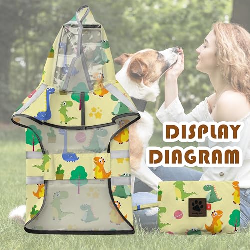 Dog Raincoat Adjustable Rain Jacket with Hooded Double Layer for Large Medium Small Dogs Puppies (Dino Yellow / Small)