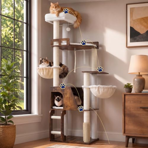 Wooden Cat Tree Tower with Large Condos (Rustic Brown)