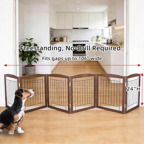 Freestanding Foldable Dog Gate for House Extra Wide Wooden Brown Puppy Gate Stairs Dog Gates Doorways Tall Pet Gate 24 "Height 6 Panels Pet Fence (Brown / 【6 Panels】120''w x 24''h)