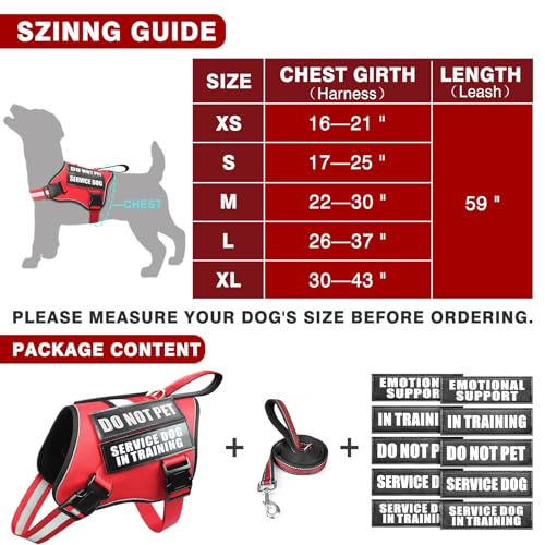 Service Dog Vest Harness and Leash Set+10 Patches (Extra-large / Red)