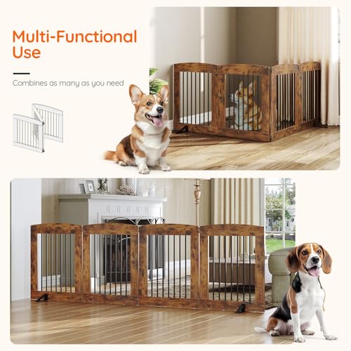 Indoor Dog Gate with Support Feet (Rustic Brown / 【4 Panels】80.3"L x 24"H)