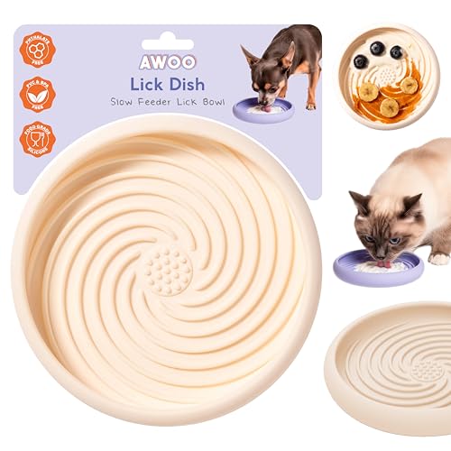 Lick Dish Silicone Lick Mat + Slow Feeder for Cats & Small Dogs (Almond / Small)