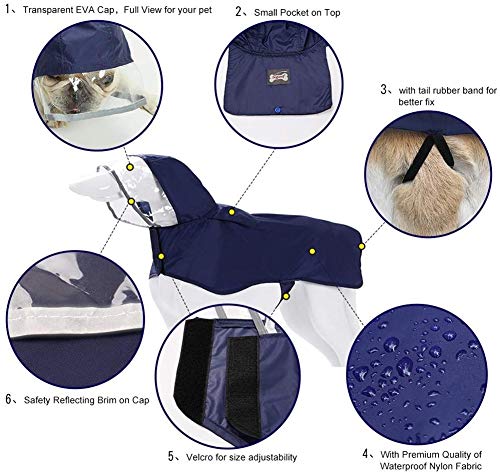 Pet Raincoat Packable Hooded Dog Rain Jacket Reflective Strips Lightweight Adjustable Poncho for Small Medium Large Dogs Blue L (L (Back:16 Inches) / Blue)