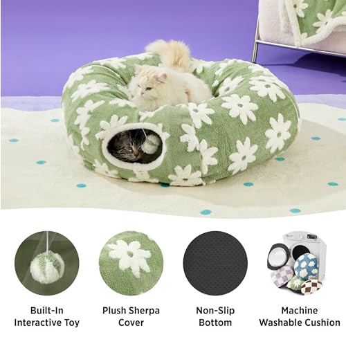 Lesure Donut Cute Jacquard Cat Tunnel Bed Kitten Toys for Puppy Bunny (Standard (33.5"L x 33.5"W x 10"H) / Flower Garden Green)