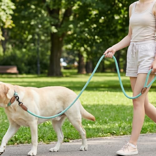Dog Leash Braided Cotton Rope with Leather (Green / 72 Inch-1/2")