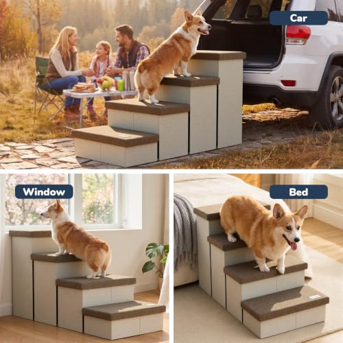 4 Step Wide Dog Stairs with Hidden Storage 23" H (Brown / 40"D x 17"W x 23"H)