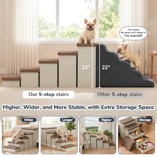5 Step Wide Dog Stairs with Storage 23" H (Brown / 50"D x 17"W x 23"H)