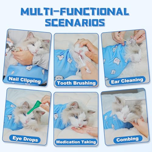 Cat Grooming Wrap for Nail Trimming (M-21.6in ( Weight:＜ 6lbs ) / BlueCat)
