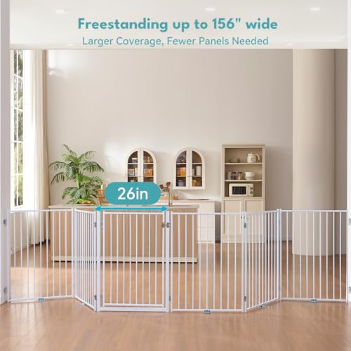 Freestanding Dog Gate with Door for Indoor & Outdoor (White / 【6 Panels with Door】156"W×36"H)