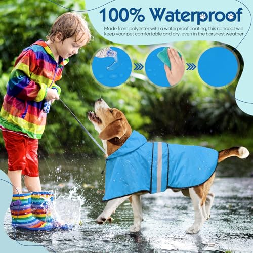 Dog Raincoat Adjustable Waterproof Dog Rain Jacket Poncho with Reflective Strip and Leash Hole (X-Large / Blue)