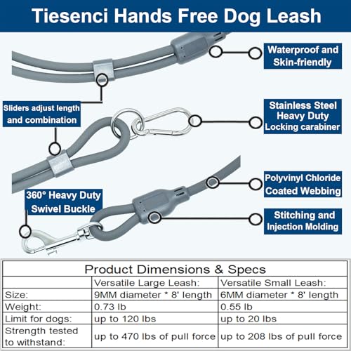 9-in-1 Hands Free Dog Leash Crossbody/Waist Grey Large Dogs (Slate Grey / Large - 9mm Diameter - 20-120lbs)