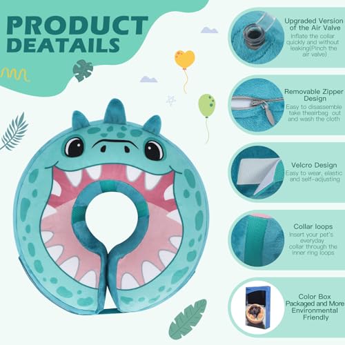 Inflatable Recovery Dog Collar (Teal Dinosaur / Large (Neck:14''-17''))