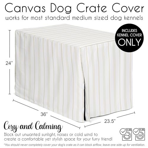 36in. Medium Dog Crate Cover (White and Taupe Stripe / 36.0"L x 23.5"W x 24.0"H)