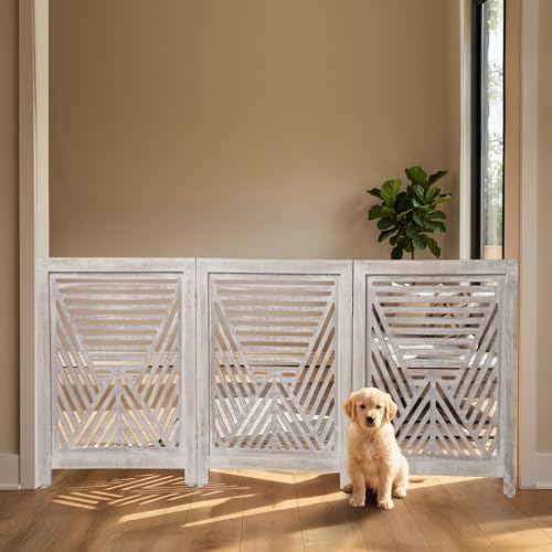 Lightnpro 3 Panel Carved Wooden Dog Gate (White Wash / 24x54 - Clover)