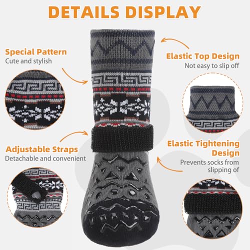 Dog Socks to Prevent Licking Paws for Hardwood Floors Anti Slip (Grey Ornamentation / Medium (4 Pack))